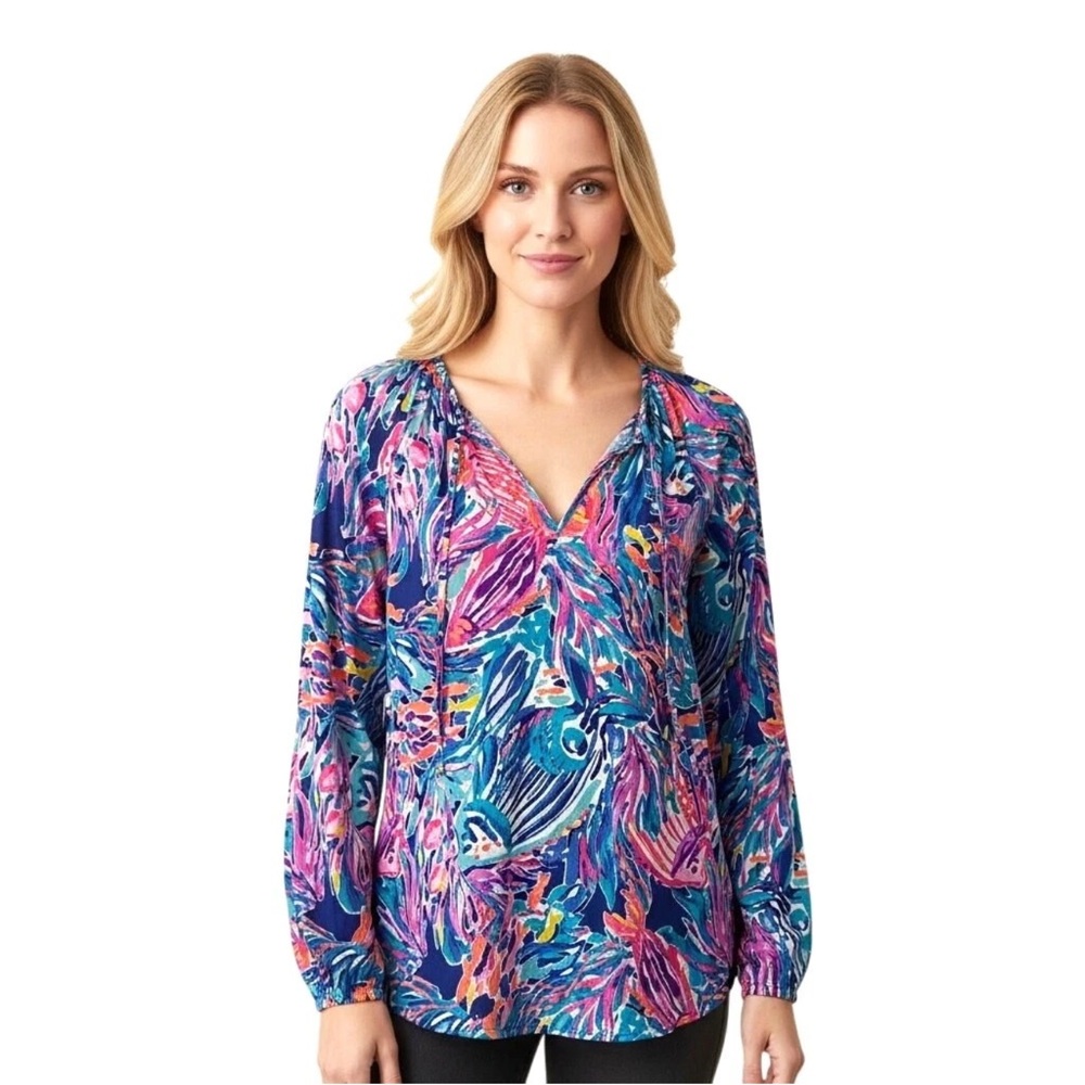 Lilly Pulitzer Willa Top Shirt Blouse True Blue Seas The Day Pink Purple Sz Med